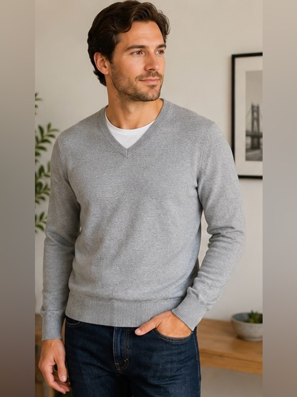 Banana Republic Premium Luxe Yarn Sweater Men’s Large Heather Gray V Neck